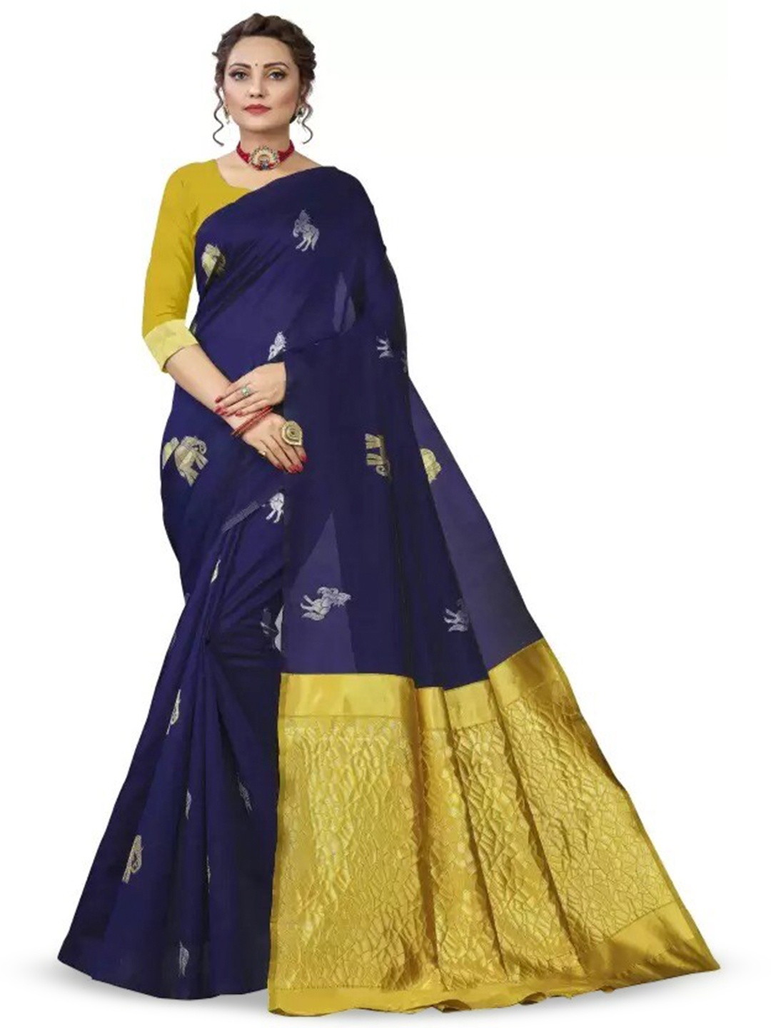 

MORLY Ethnic Motifs Woven Design Zari Silk Blend Kanjeevaram Saree, Navy blue