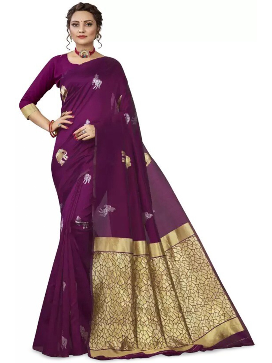 

MORLY Ethnic Motifs Woven Design Zari Silk Blend Kanjeevaram Saree, Purple