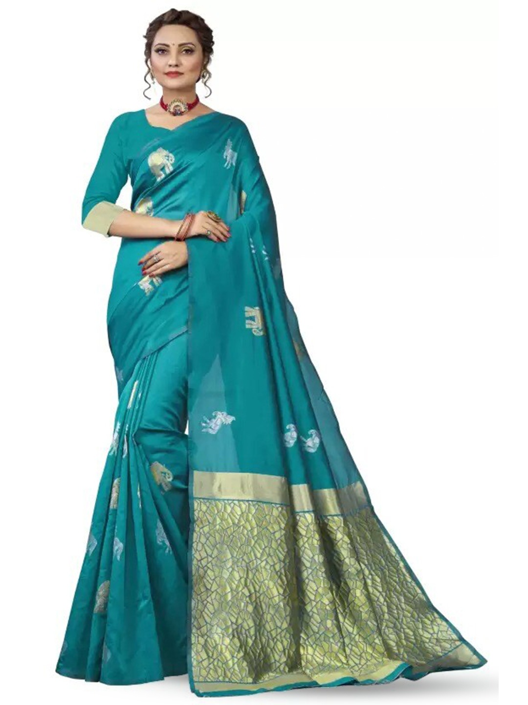 

MORLY Ethnic Motifs Woven Design Zari Silk Blend Kanjeevaram Saree, Turquoise blue