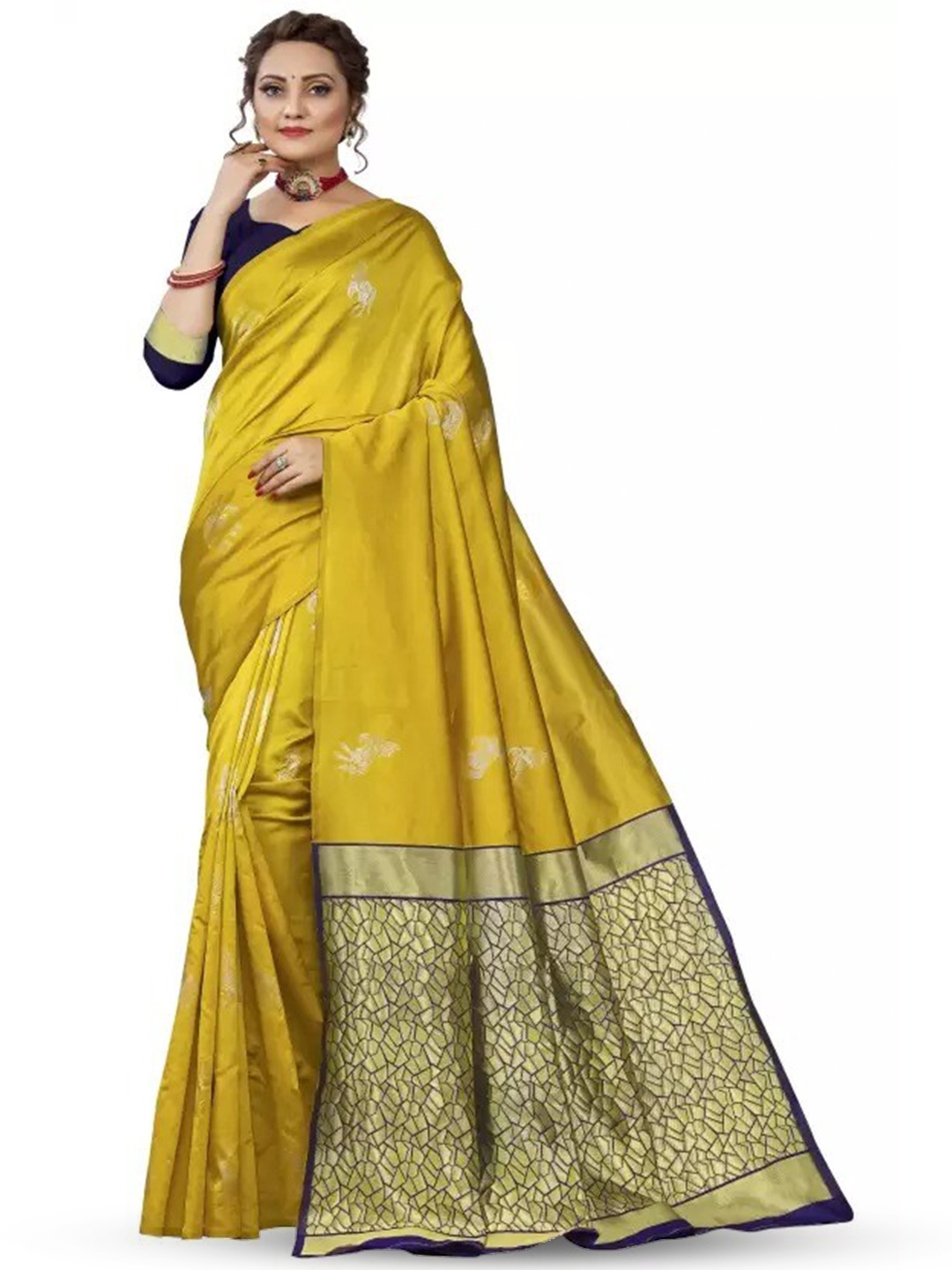 

MORLY Ethnic Motifs Woven Design Zari Silk Blend Kanjeevaram Saree, Mustard