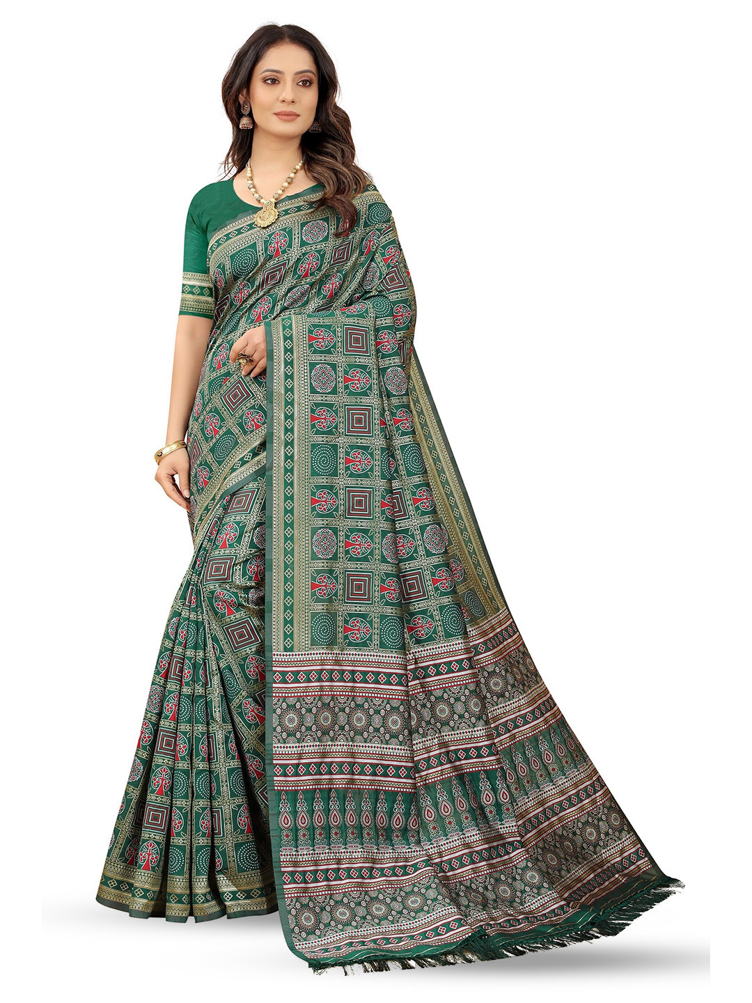 

BARKIYA CREATION Ethnic Motifs Printed Pure Cotton Banarasi Saree, Green