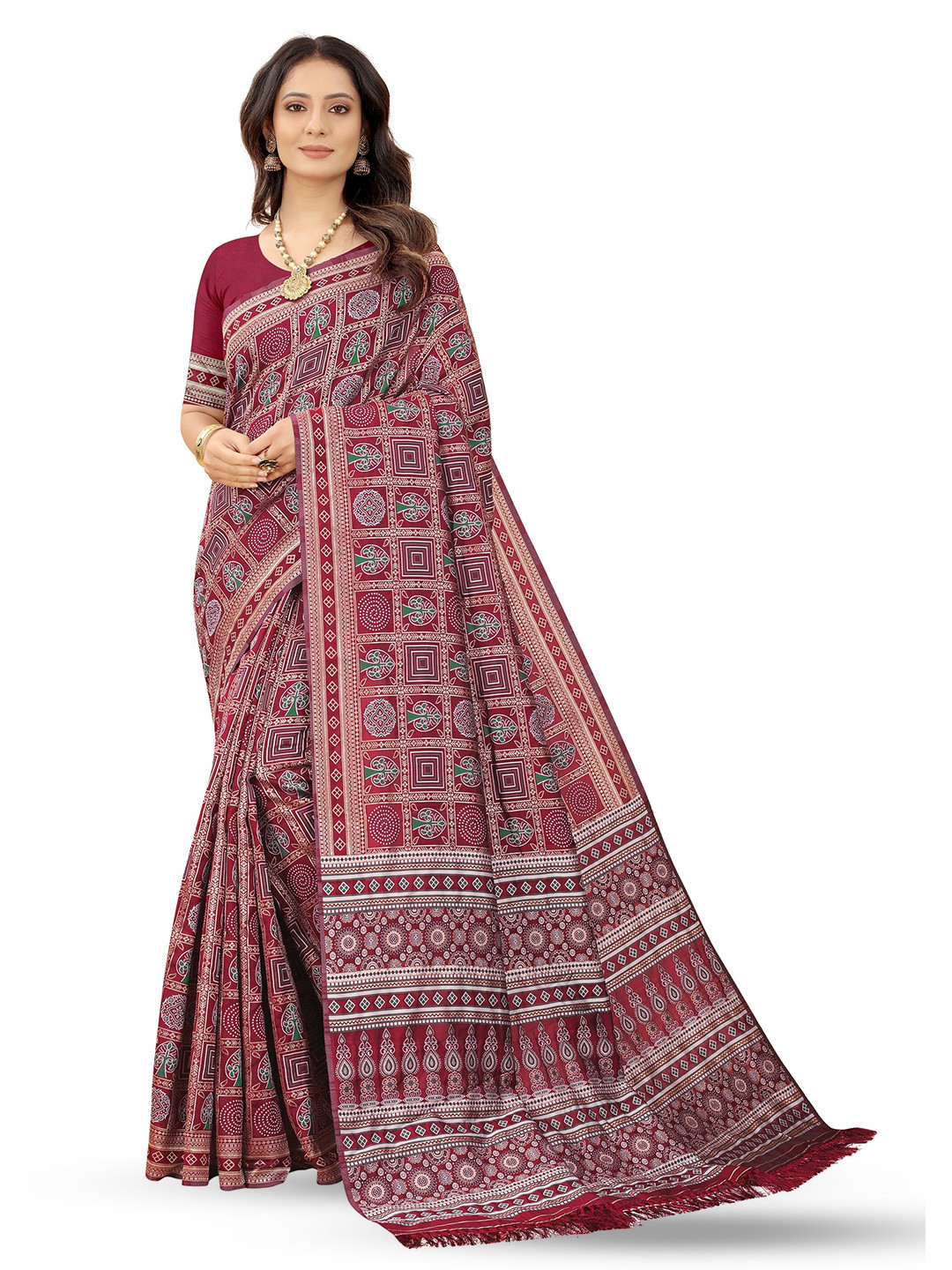

BARKIYA CREATION Ethnic Motifs Printed Pure Cotton Banarasi Saree, Red