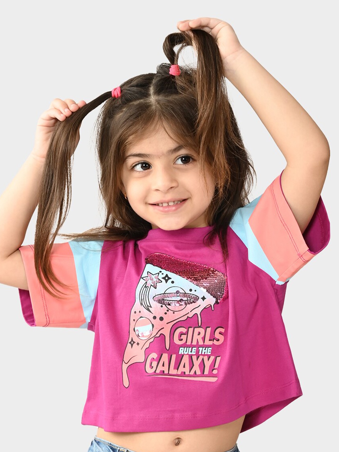 

BONKIDS Girls Graphic Printed Round Neck Cotton Regular T-shirt, Pink