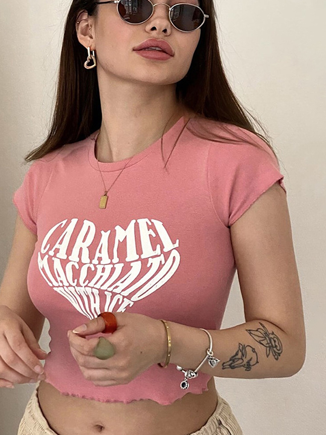 

LULU & SKY Typography Printed Round Neck Crop Top, Peach