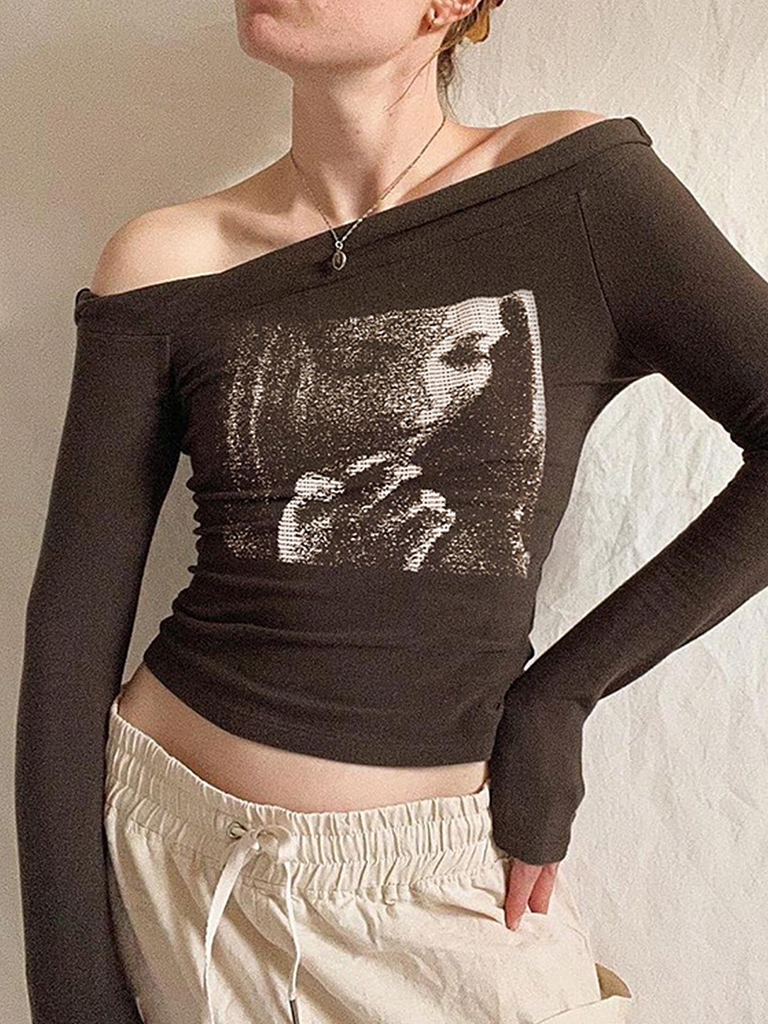 

LULU & SKY Graphic Printed Off-Shoulder Cotton Bardot Crop Top, Brown