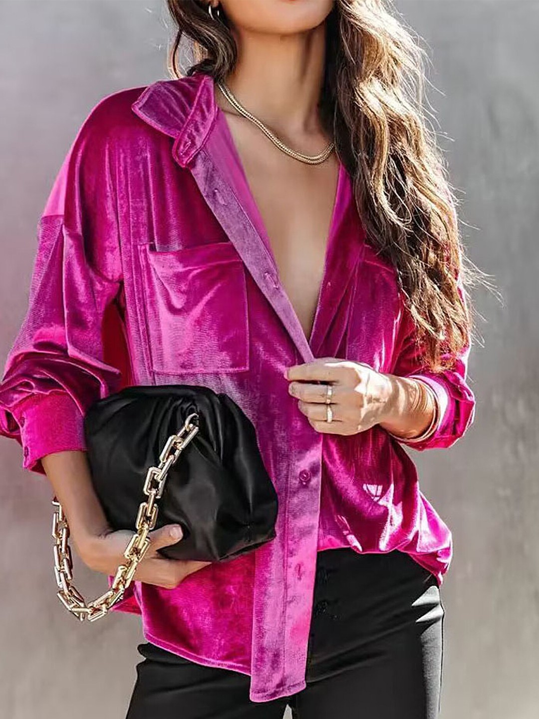 

LULU & SKY Shirt Collar Cuffed Sleeves Velvet Shirt Style Top, Red