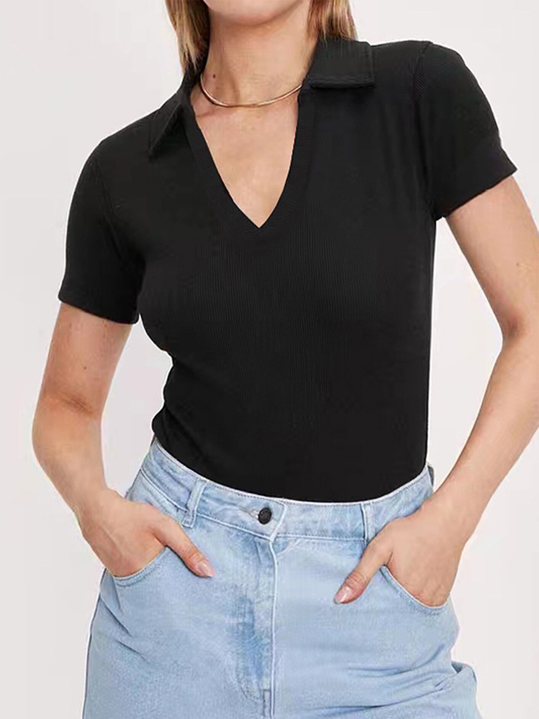 

LULU & SKY Ribbed Polo Collar Bodysuit, Black