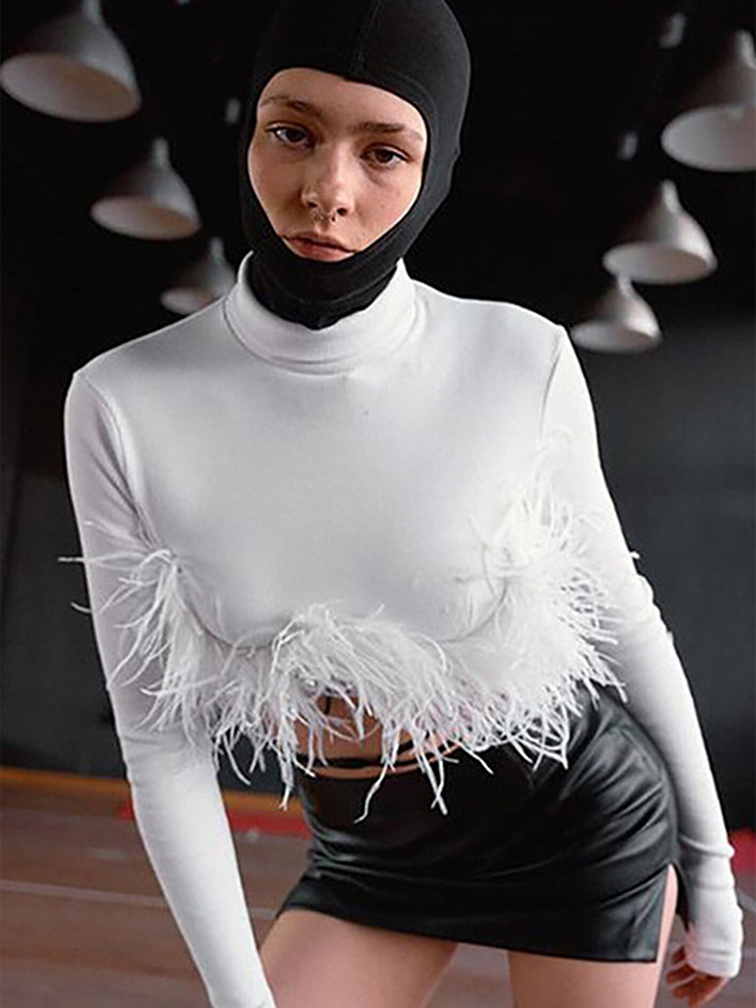 

LULU & SKY High Neck Long Sleeves Fringed Fitted Crop Top, White