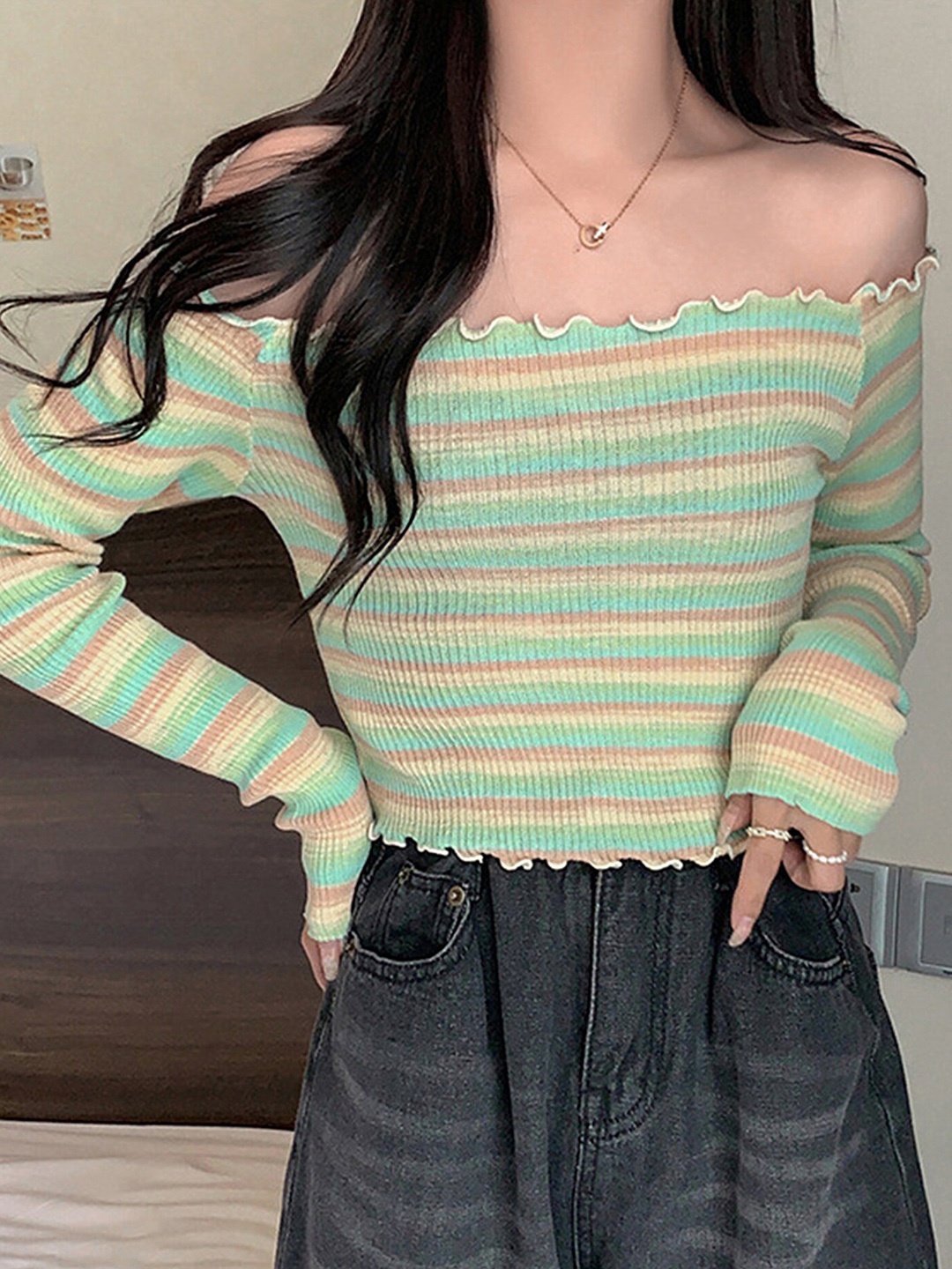 

LULU & SKY Striped Off Shoulder Bardot Crop Top, Green