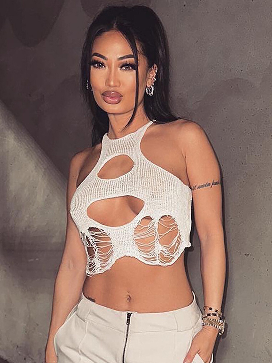 

LULU & SKY Halter Neck Cut Outs Top, White