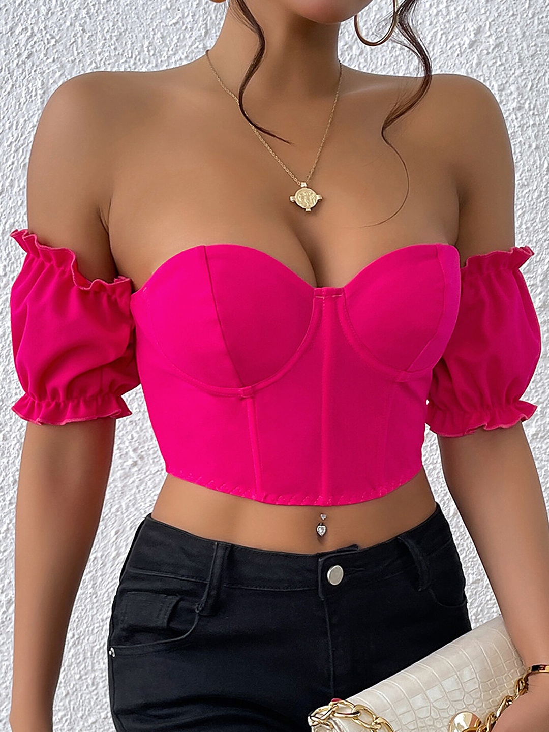 

LULU & SKY Strapless Puff Sleeve Bardot Crop Top, Red