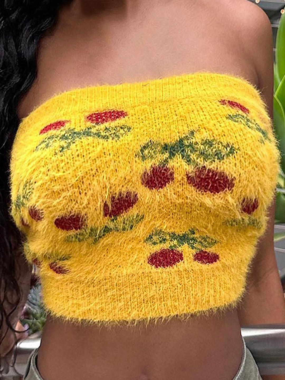 

LULU & SKY Floral Printed Strapless Bardot Crop Top, Yellow