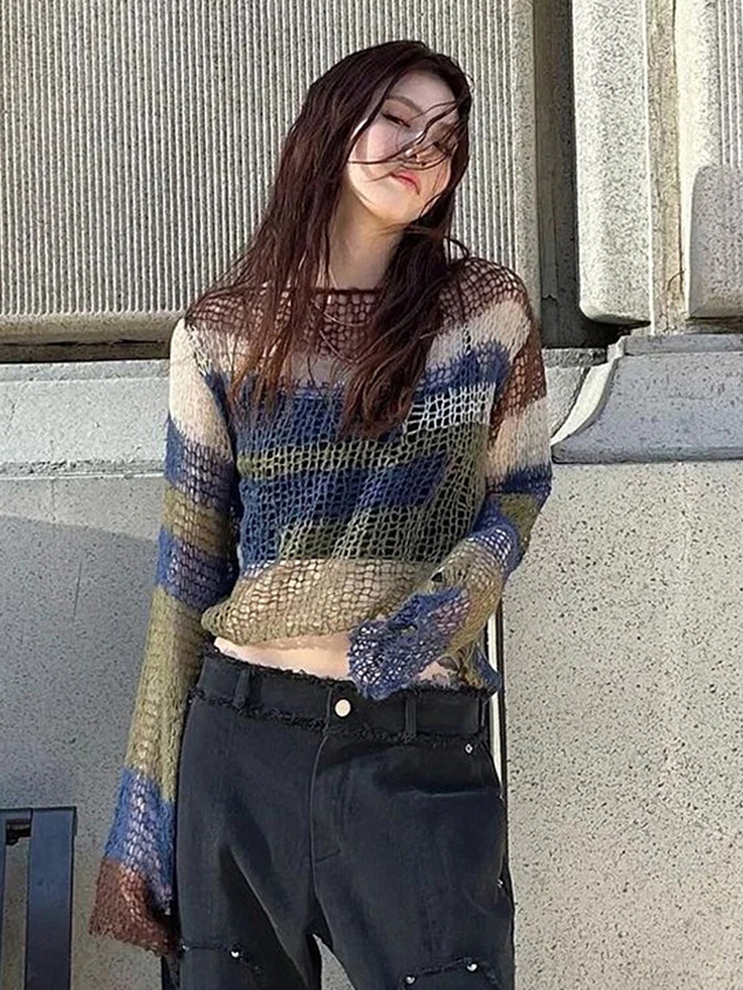 

LULU & SKY Striped Semi-Sheer Knitted Long Sleeves Crop Top, Blue