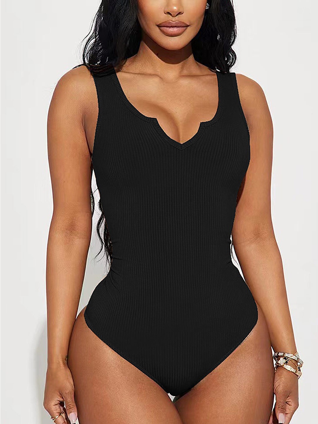 

LULU & SKY Notched Neck Ribbed Bodysuit, Black