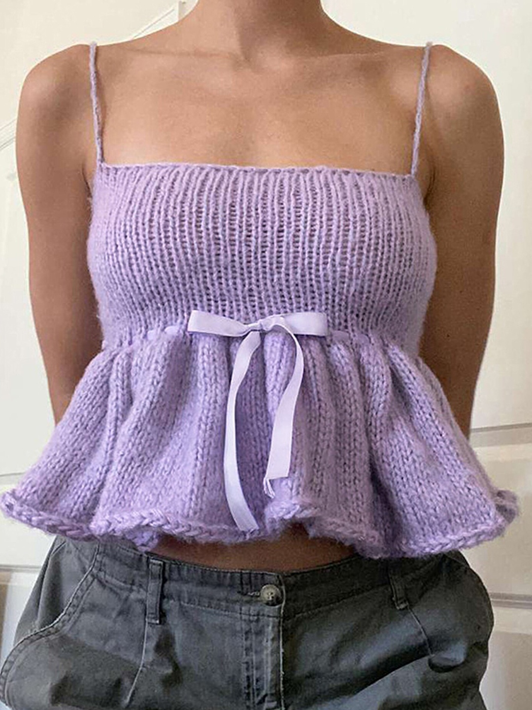 

LULU & SKY Knitted Shoulder-Straps Peplum Top, Purple