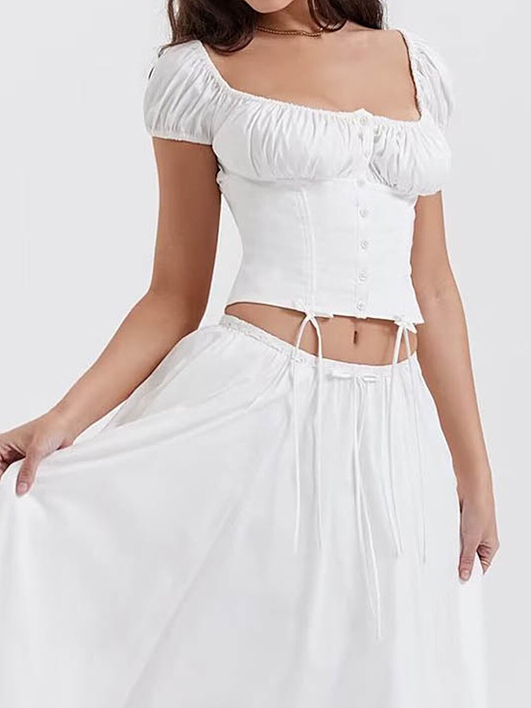 

LULU & SKY Square Neck Puff Sleeves Tie-Ups Regular Crop Top, White
