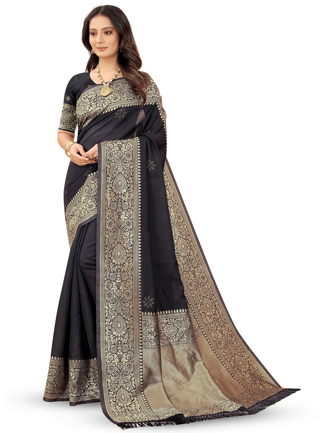 

BARKIYA CREATION Ethnic Motifs Woven Design Zari Detailed Banarasi Saree, Black