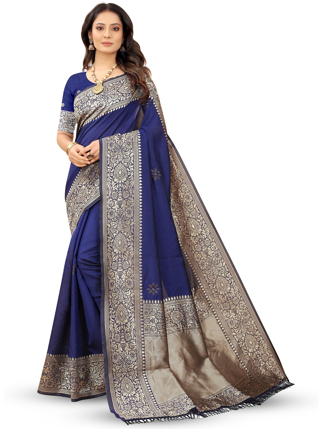 

BARKIYA CREATION Ethnic Motifs Woven Design Zari Detailed Banarasi Saree, Blue