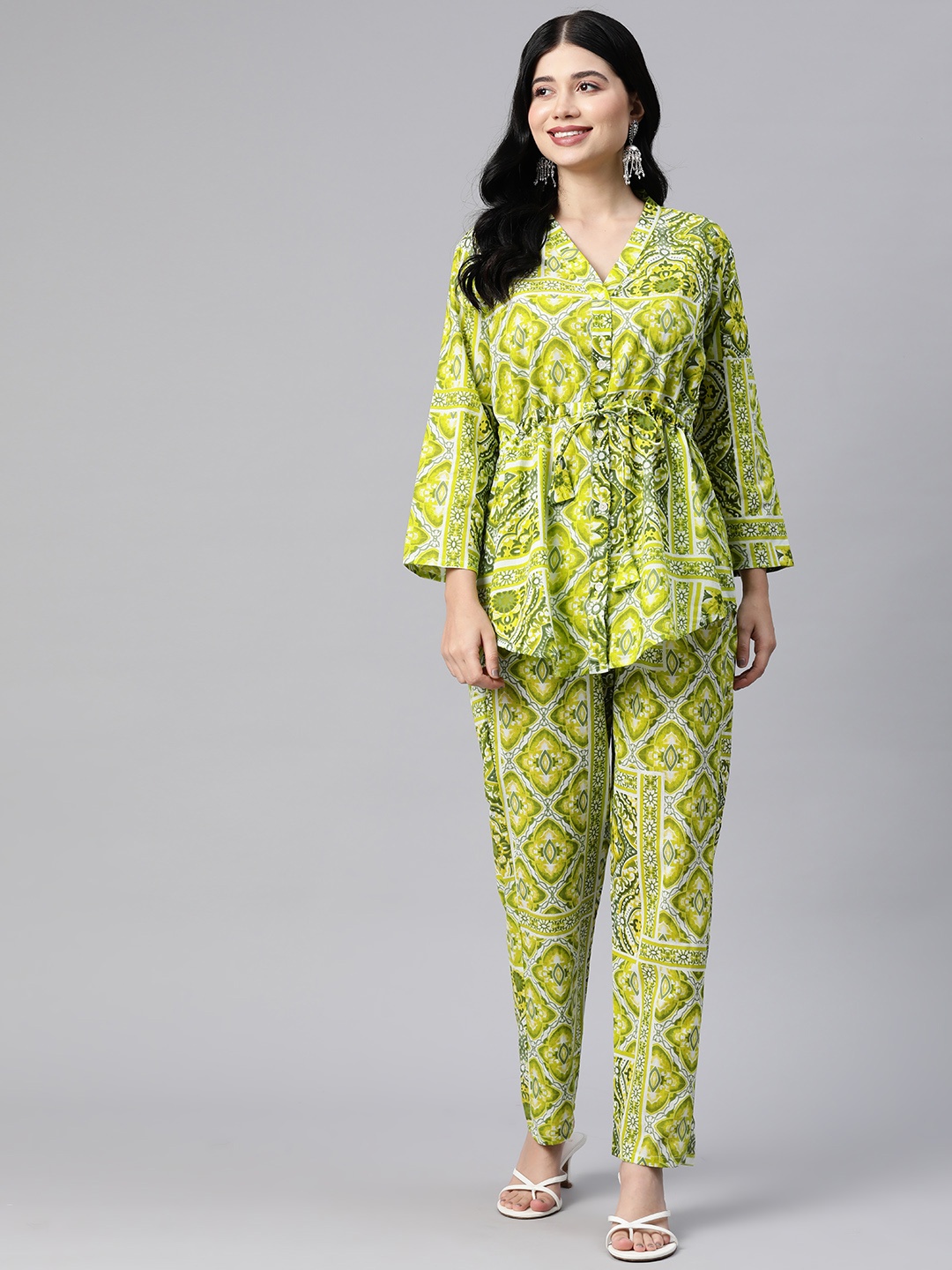 

Readiprint Fashions Women Shirt style Printed Cotton Top with Palazzos, Green