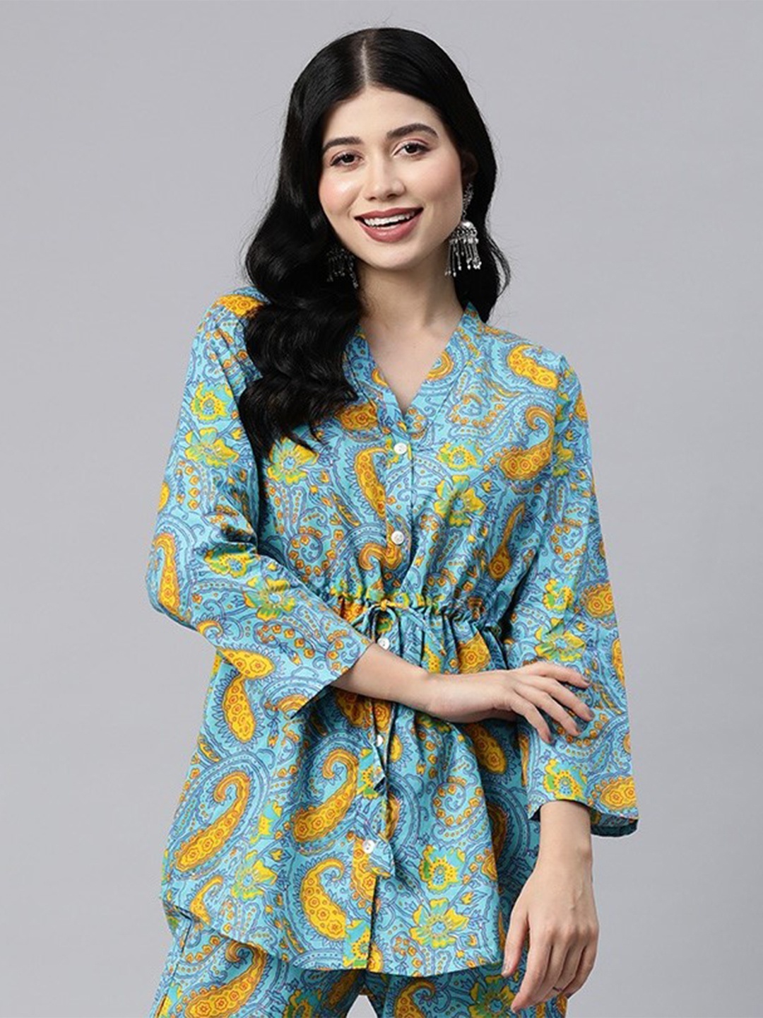

Readiprint Women Shirt style Printed Cotton Top with Palazzos, Turquoise blue
