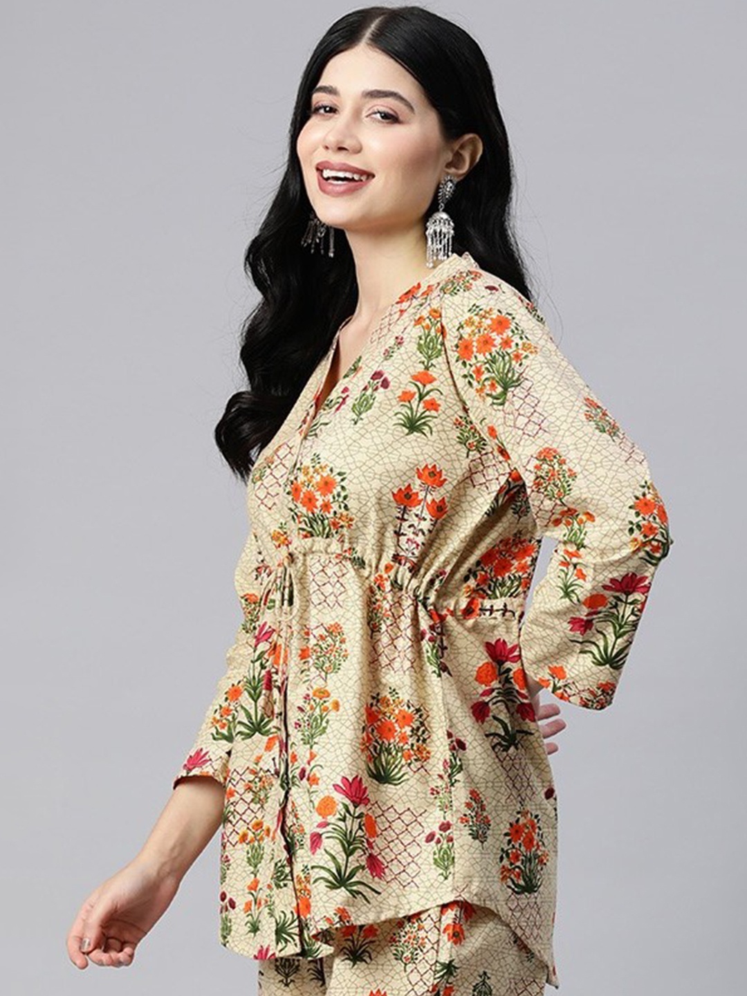 

Readiprint Women Printed Cotton Shirt with Palazzos, Beige