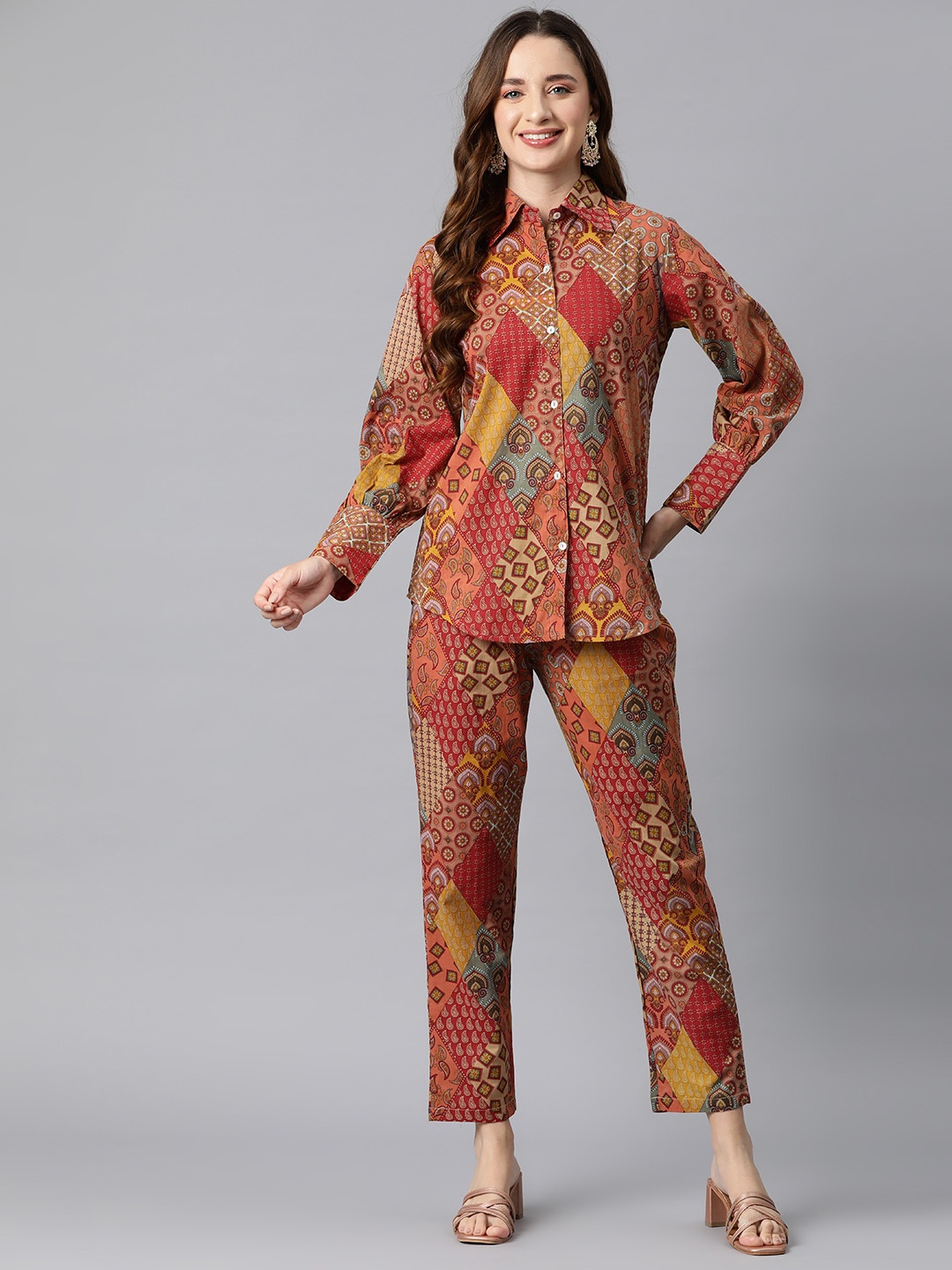 Readiprint Fashions Women Pure Cotton Ethnic Printed Shirt & Trouser Co-ord set, Red