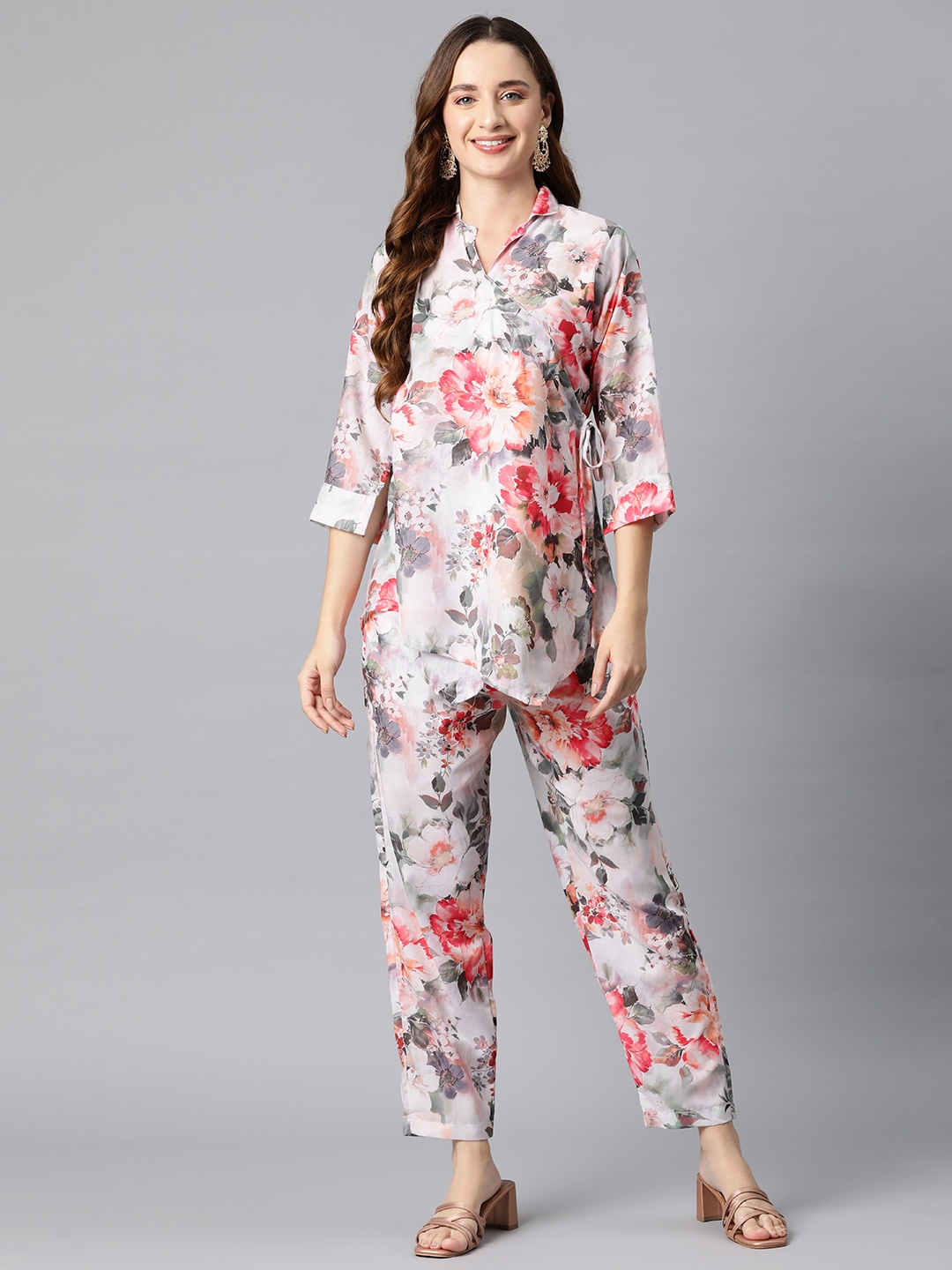 Readiprint Women Pure Cotton Floral Printed Wrap Top & Trouser Co-ord set, White