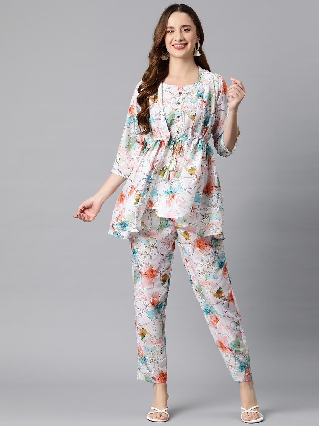 

Readiprint Women Floral Printed Top & Trouser With Shrug Co-Ords, White