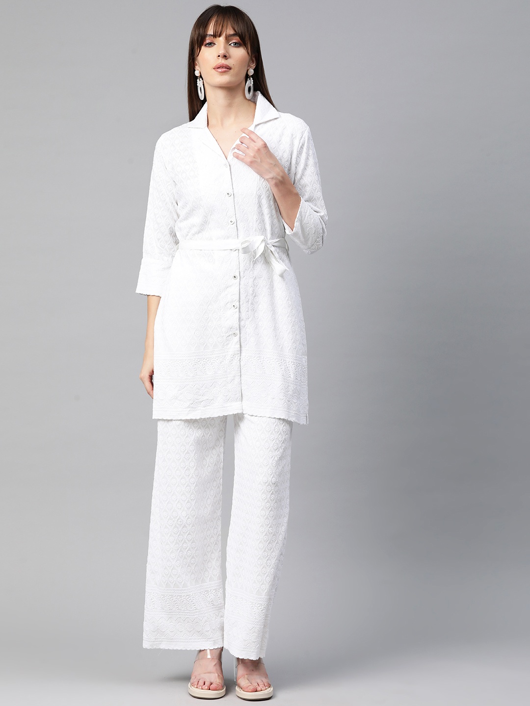 

Readiprint Women Embroidered Longline Shirt with Palazzos, White