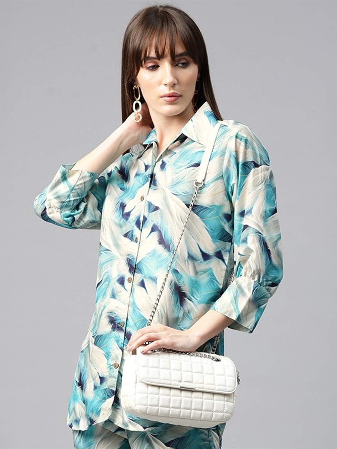 

Readiprint Women Printed Cotton Shirt with Trousers, Turquoise blue