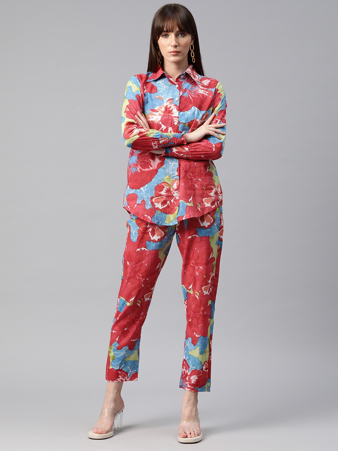 Readiprint Women Printed Cotton Shirt with Trousers, Red