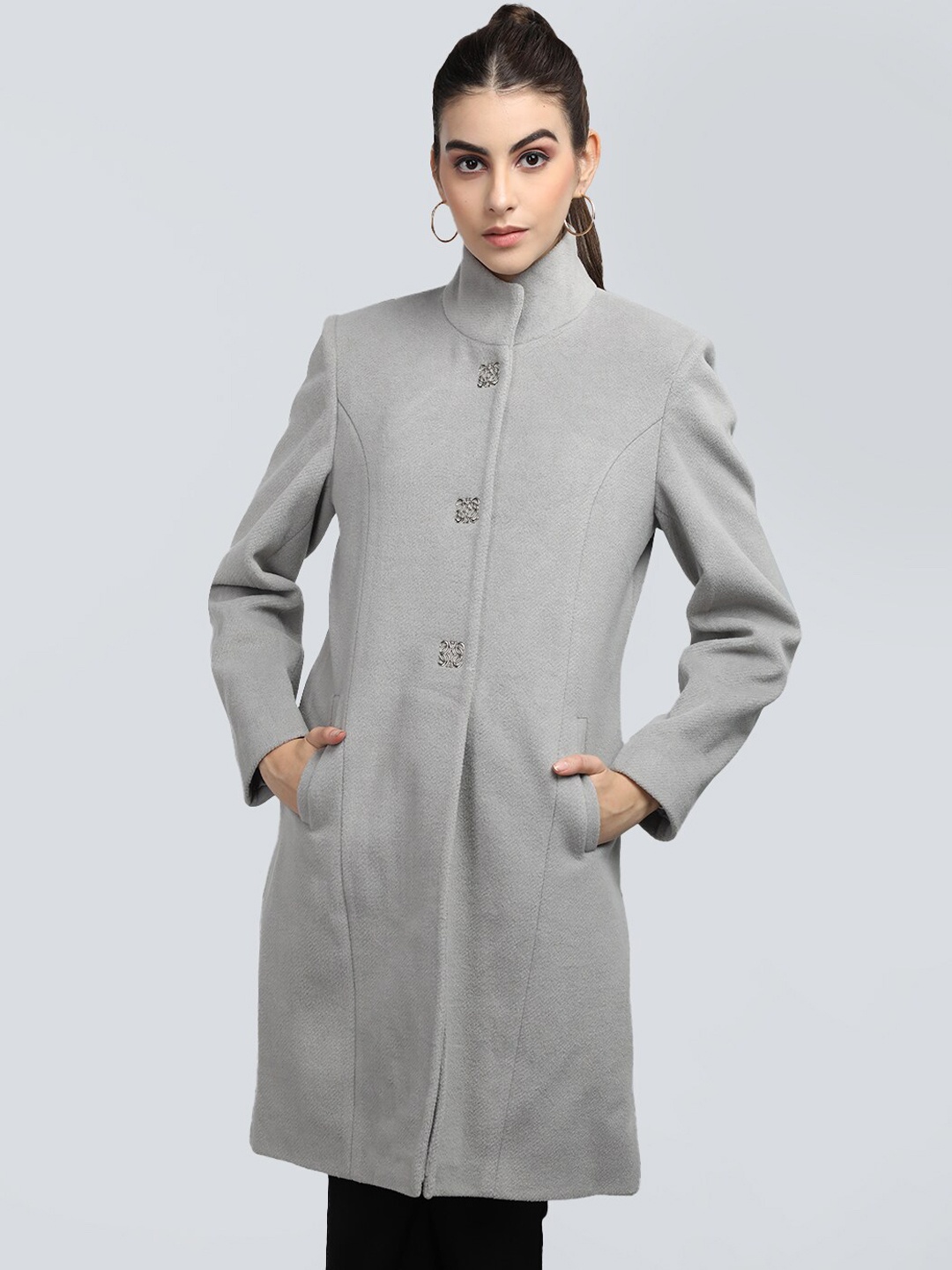 

CHKOKKO Mandarin Collar Longline Woolen Pea Coat, Grey