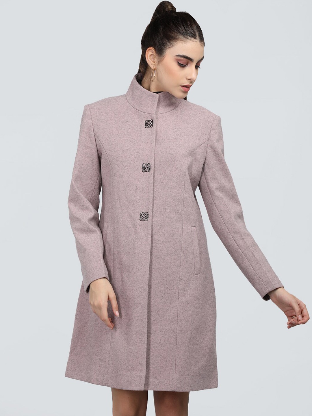 

CHKOKKO Mandarin Collar Longline Woolen Pea Coat, Pink