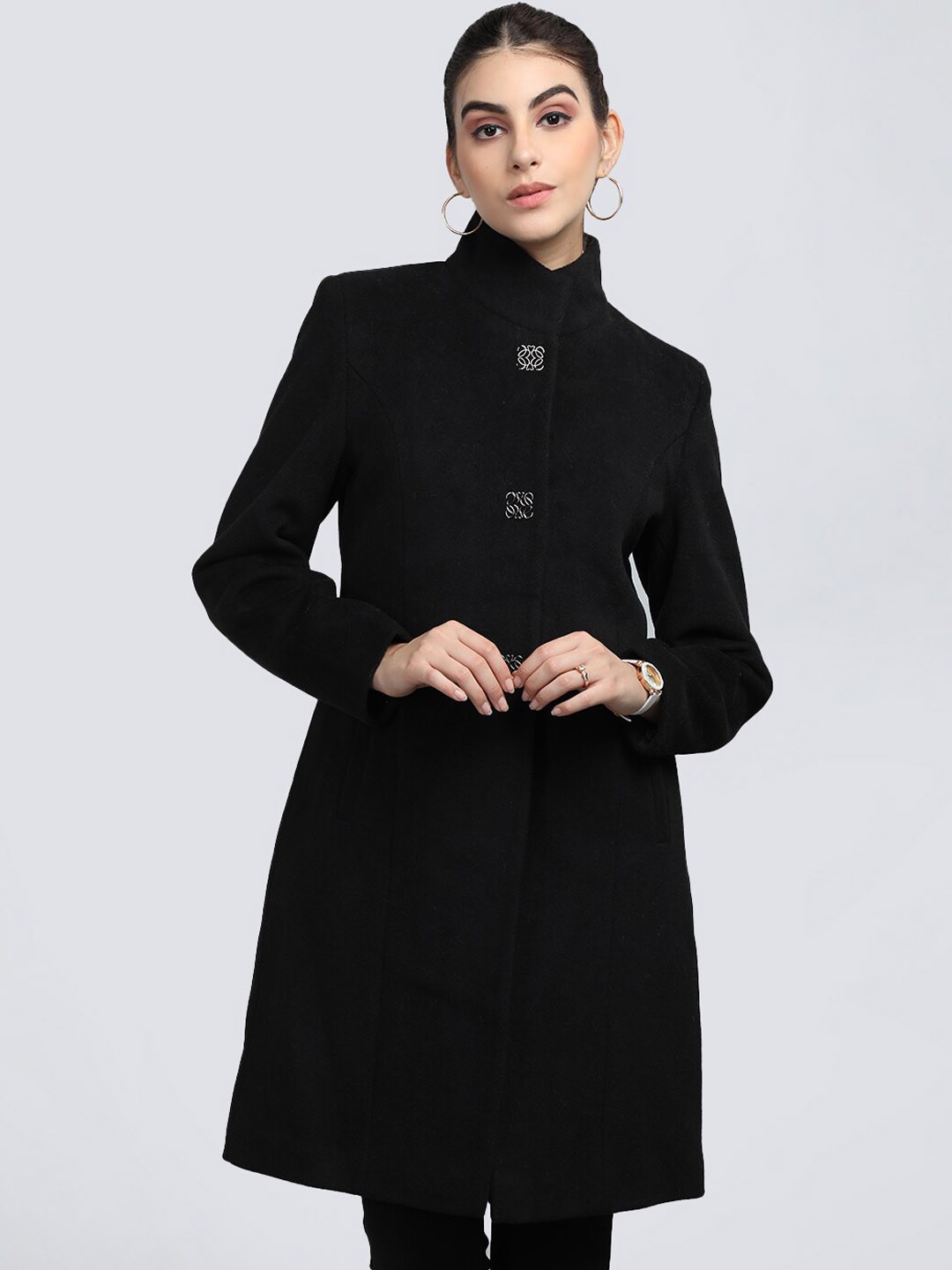 

CHKOKKO Mandarin Collar Longline Woolen Overcoat, Black