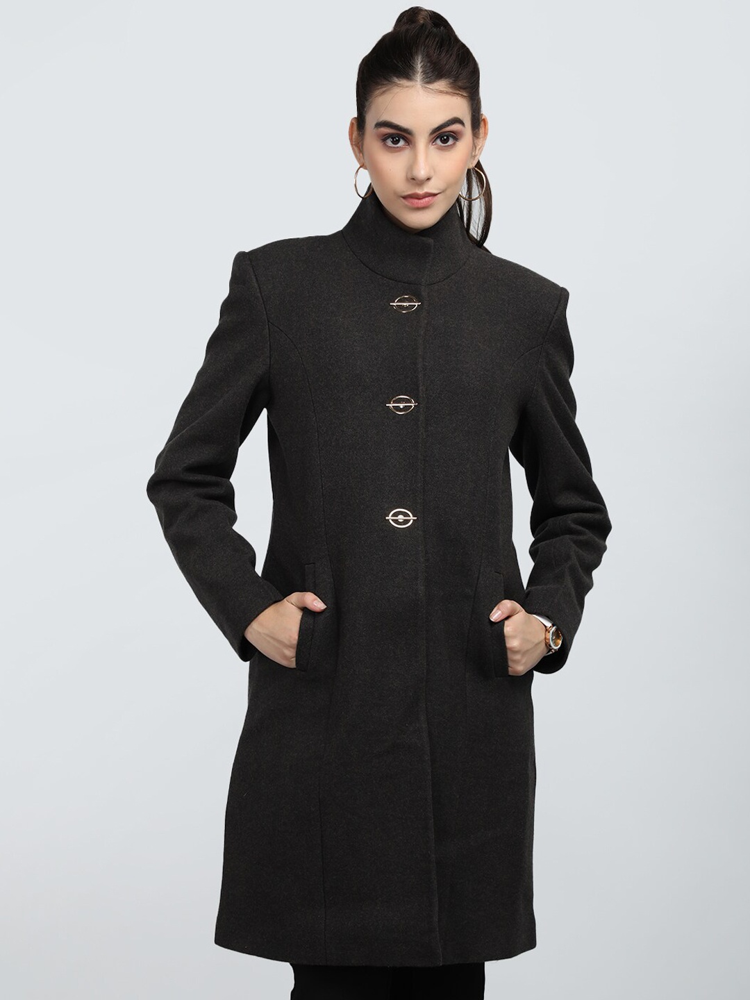 

CHKOKKO Mandarin Collar Longline Woolen Pea Coat, Coffee brown
