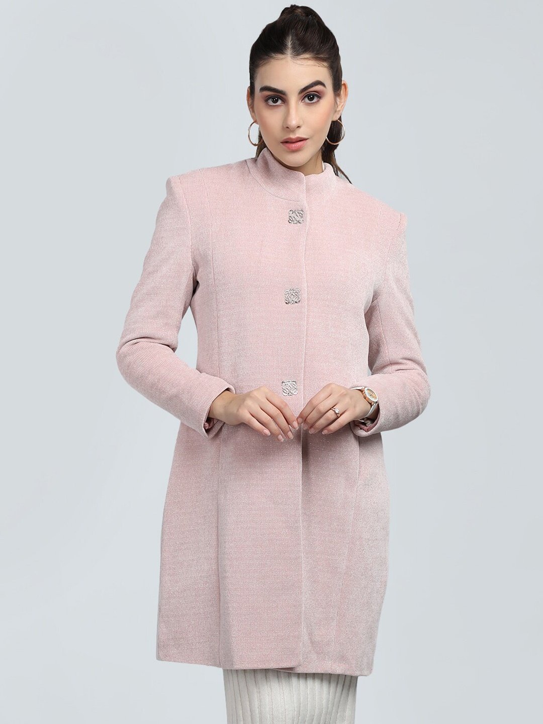 

CHKOKKO Mandarin Collar Longline Woolen Pea Coat, Pink