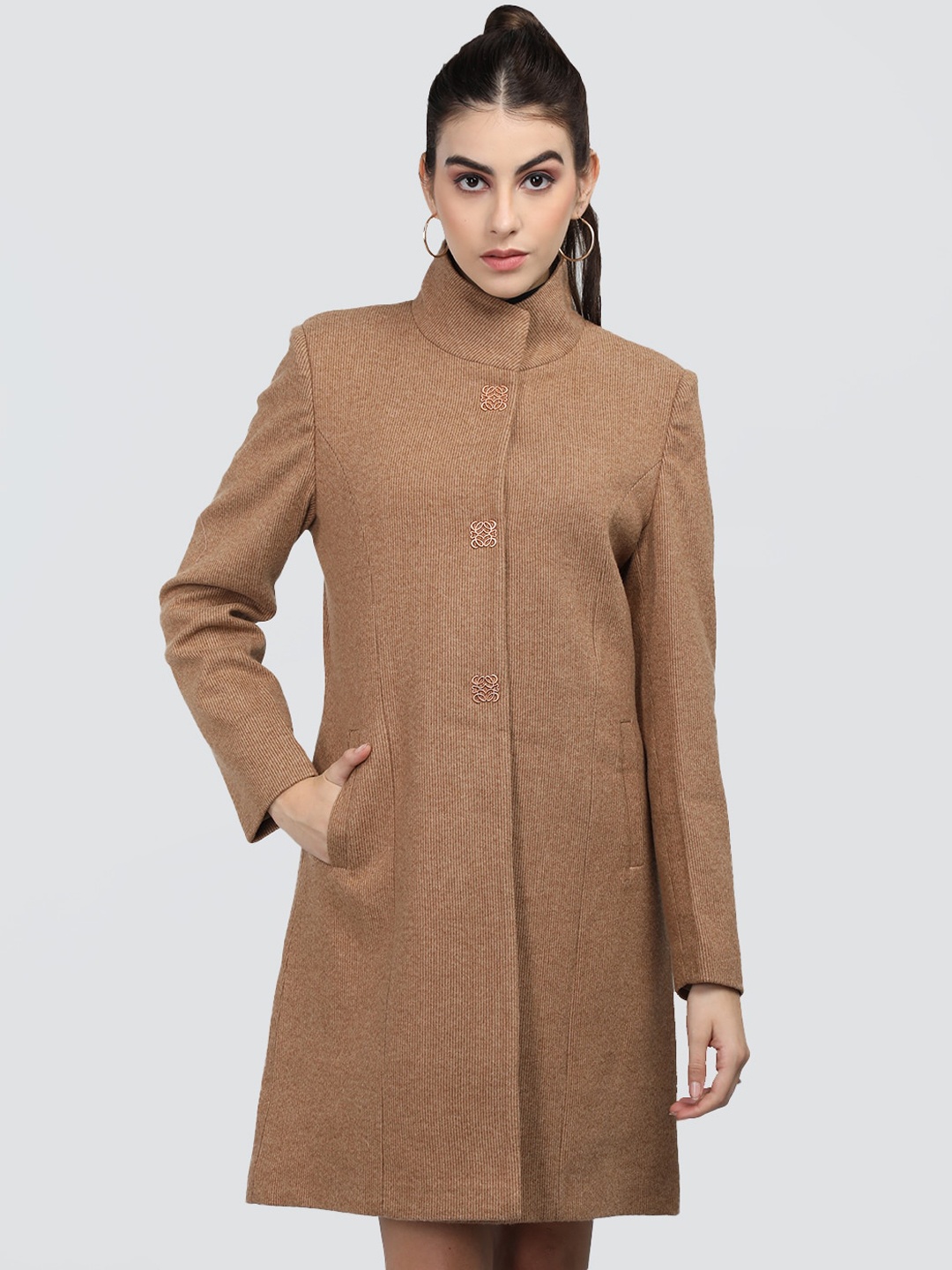 

CHKOKKO Mandarin Collar Longline Woolen Overcoat, Tan