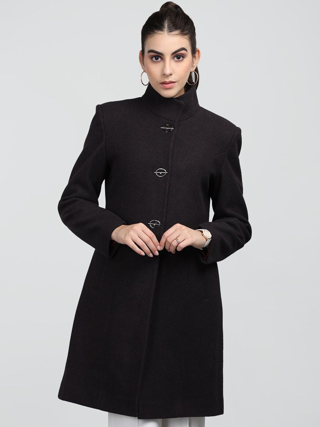 

CHKOKKO Mandarin Collar Longline Woolen Pea Coat, Black