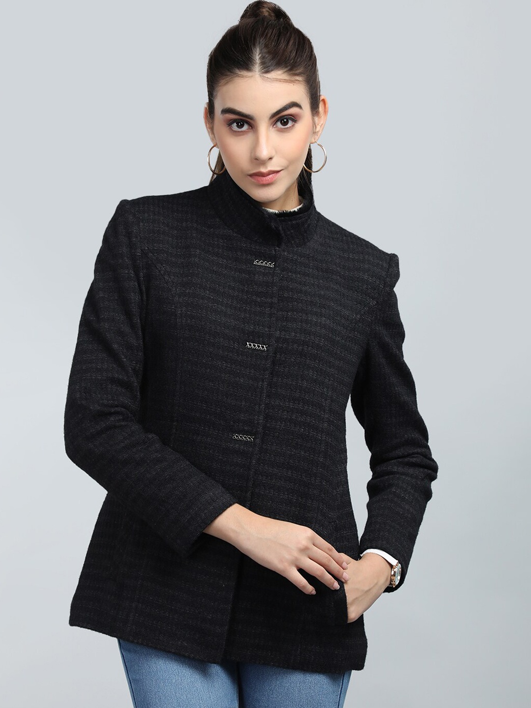 

CHKOKKO Mandarin Collar Self Design Longline Woolen Pea Coat, Black