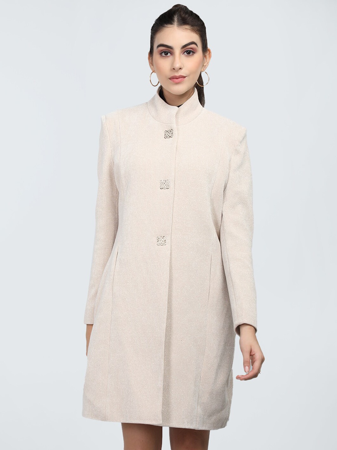 

CHKOKKO Mandarin Collar Longline Woolen Pea Coat, Beige