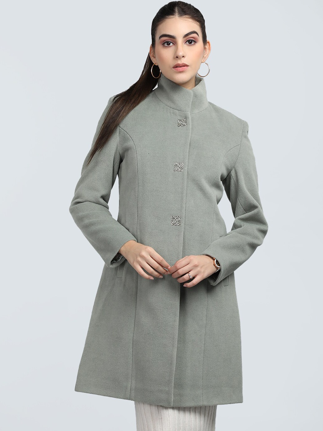 

CHKOKKO Mandarin Collar Longline Woolen Overcoat, Green