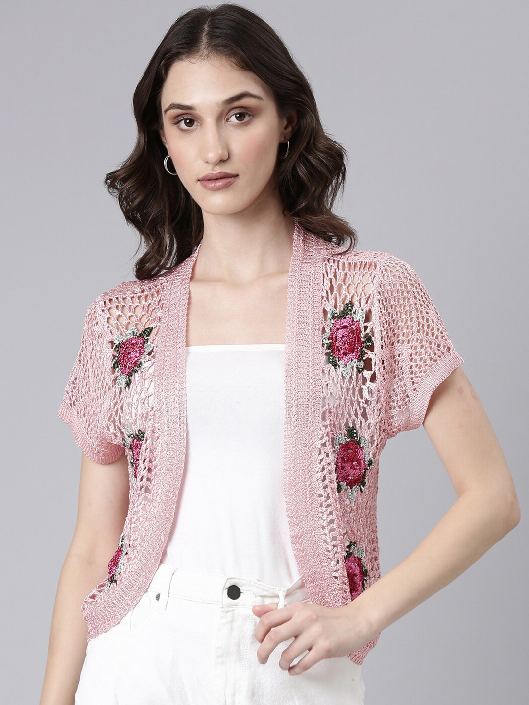 

SHOWOFF Floral Embroidered Acrylic Crop Shrug, Peach