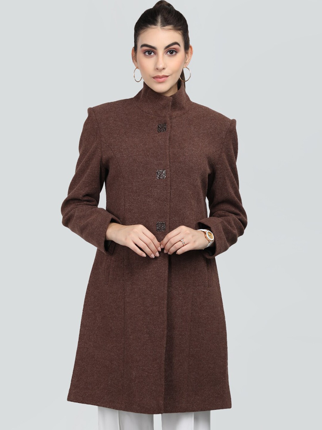 

CHKOKKO Mandarin Collar Longline Woolen Overcoat, Brown