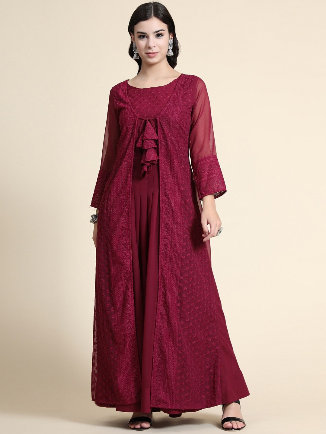 

BLACK SCISSOR Embroidered Printed Maxi Gown Ethnic Dress, Burgundy