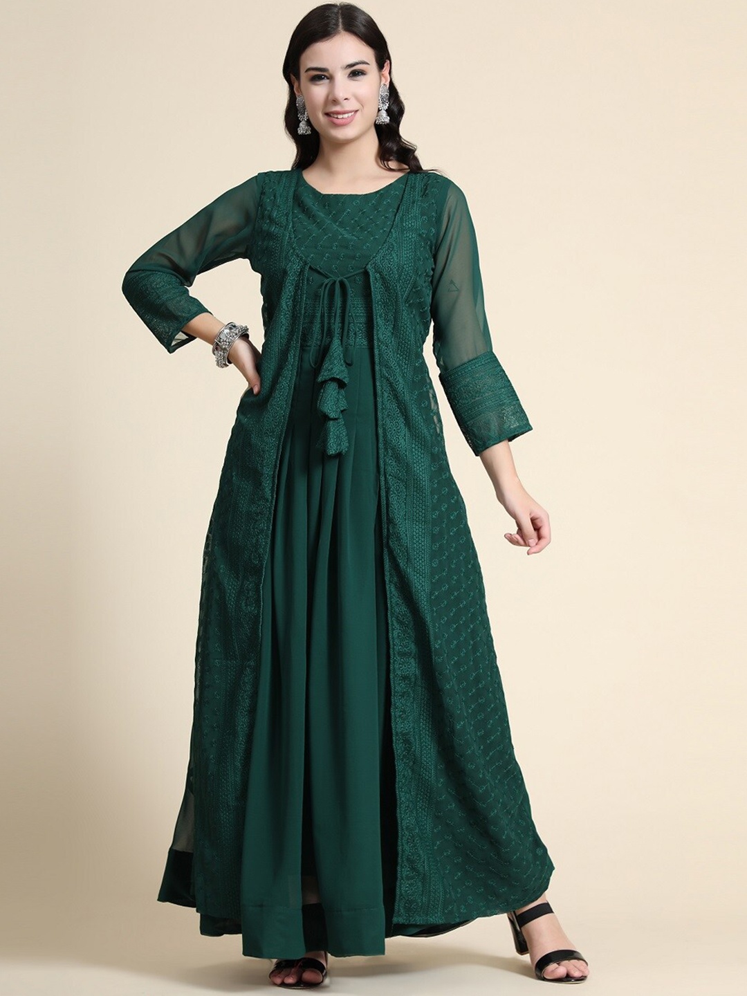 

BLACK SCISSOR Floral Embroidered Maxi Ethnic Dresses, Green