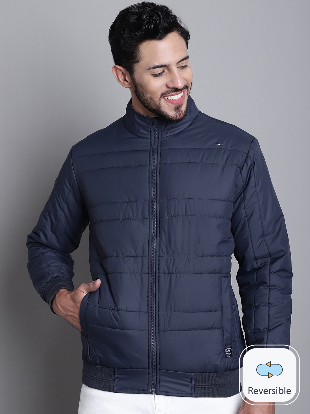 

Cantabil Mock Collar Reversible Bomber Jacket, Blue