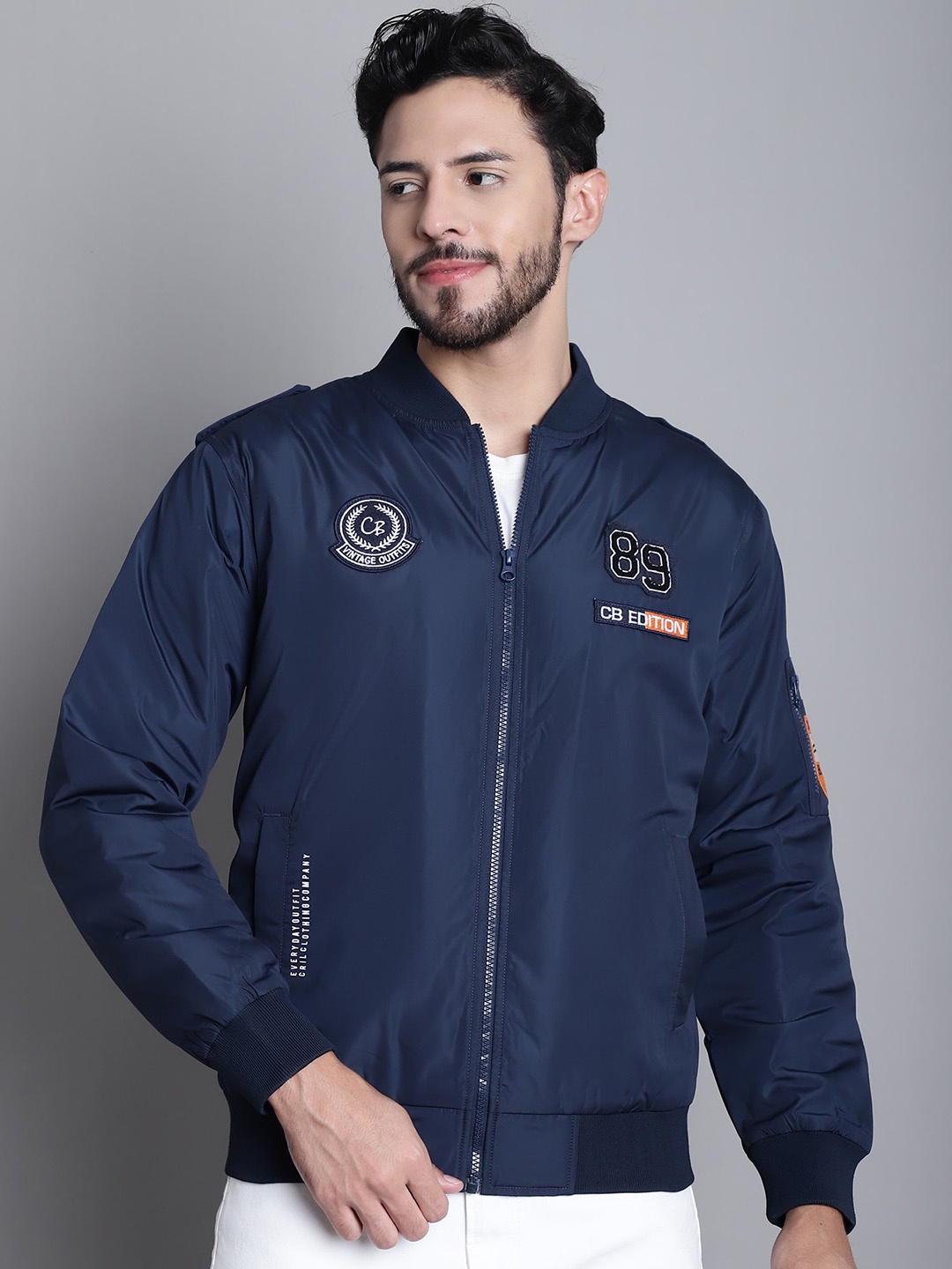 

Cantabil Stand Collar Applique Sweatshirt, Navy blue