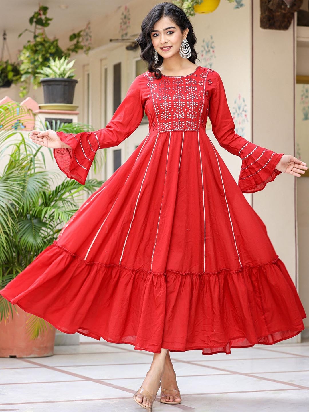 

KAAJH Embellished Cotton Fit & Flare Ethnic Dresses, Red