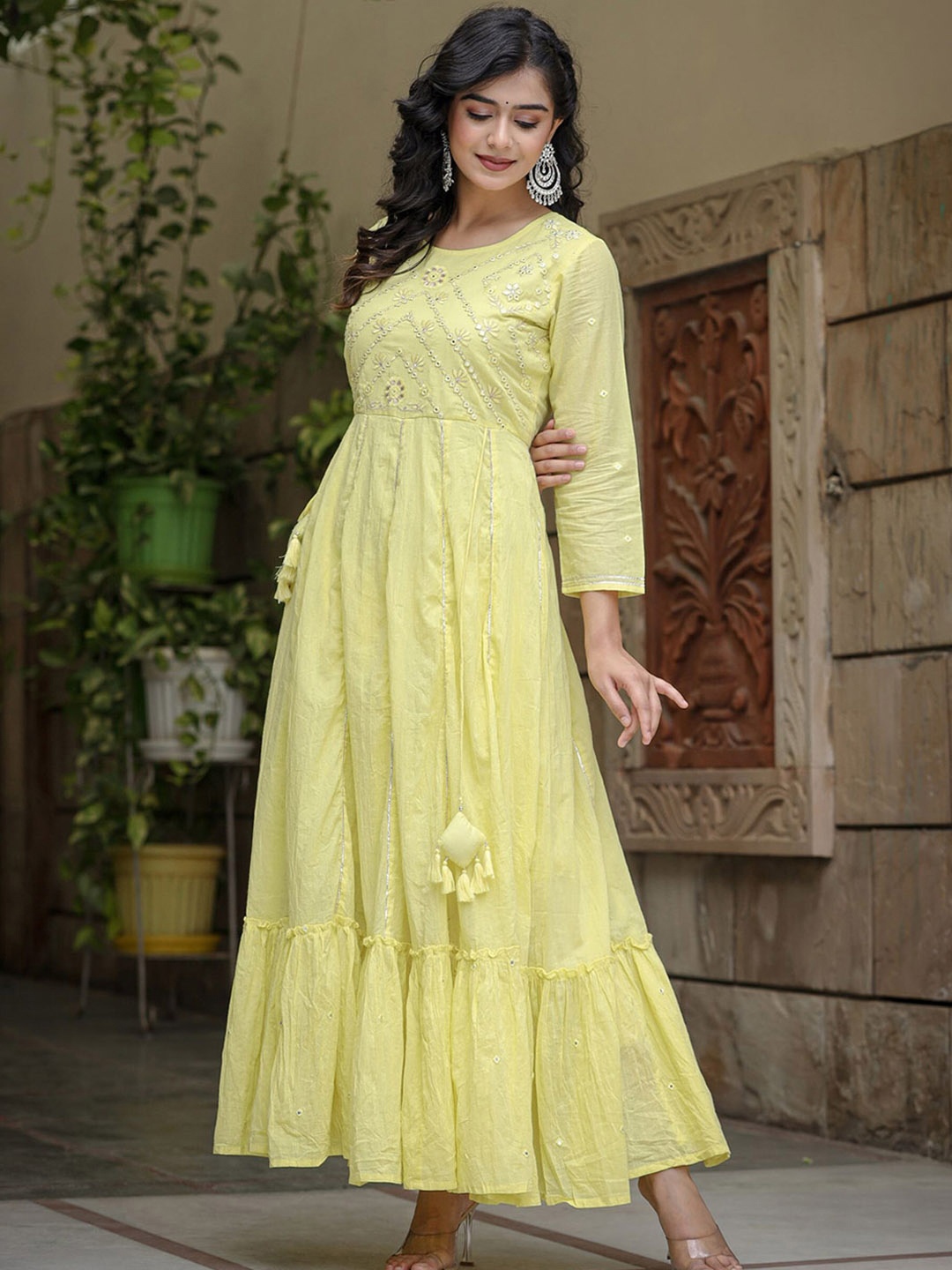 

KAAJH Embellished Cotton Fit & Flare Ethnic Dresses, Yellow