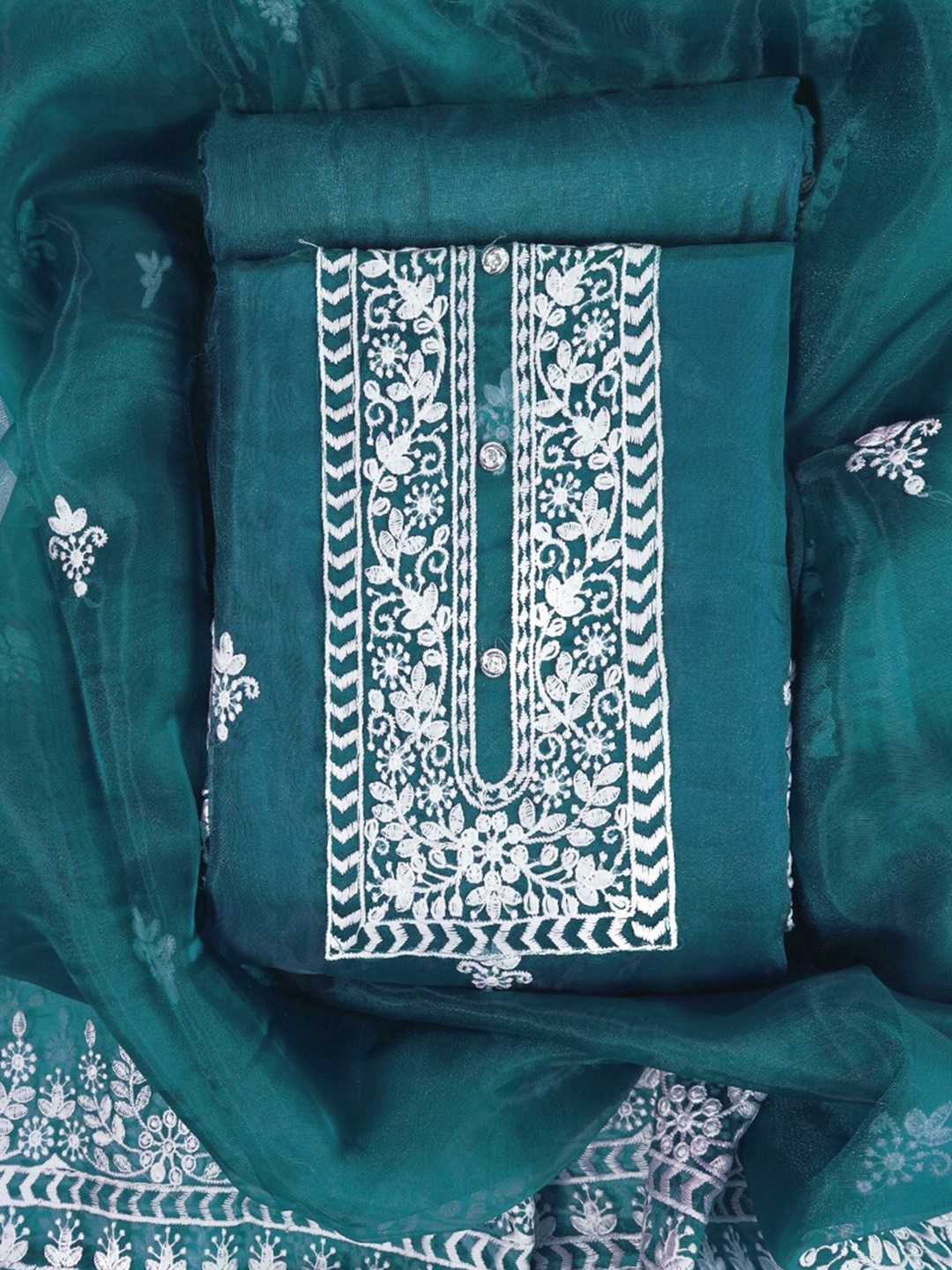 

Sun Fashion And Lifestyle Ethnic Motifs Embroidered Organza Unstitched Dress Material, Green